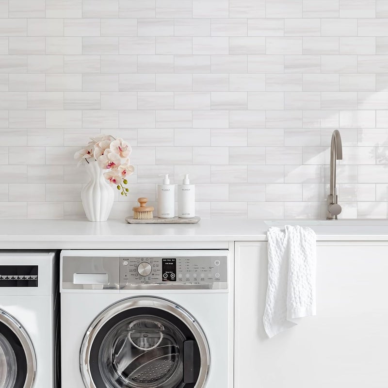 Vamos Tile 100-Piece Glossy Dolomite White Peel and Stick Backsplash Tile,3''x6'' PVC Subway Tile with White Grout, Stick on Backsplash for Kitchen/Bathroom/Fireplace - Image 4